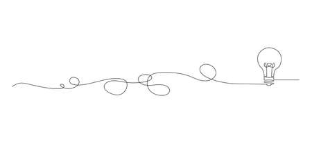 continuous single line drawing of light bulb with tangled cord, line art vector illustrationのイラスト素材