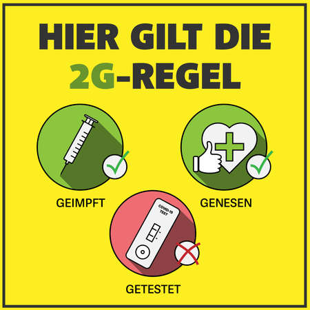 sign with text HIER GILT DIE 2G-REGEL, German for access for 2G RULE APPLIES, access for vaccinated and recovered people only, vector illustrationのイラスト素材
