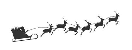 Santa Claus in sleigh pulled by reindeer, silhouette vector illustrationのイラスト素材