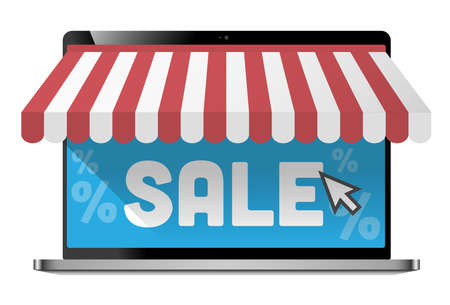 online shopping sale, laptop mockup with red and white sunblind, vector illustrationのイラスト素材