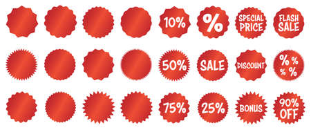 set of red discount sale labels or stickers, shopping label collection isolated on white background, vector illustrationのイラスト素材