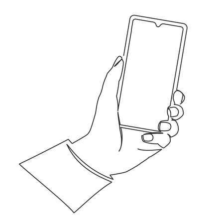 continuous line drawing of hand holding smartphone, single line mobile phone in hand vector illustrationのイラスト素材