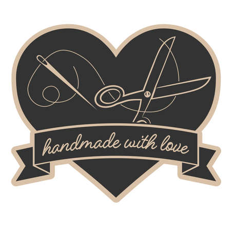 heart-shaped HANDMADE WITH LOVE sticker or label with sewing needle, thread and scissors, vector illustrationのイラスト素材