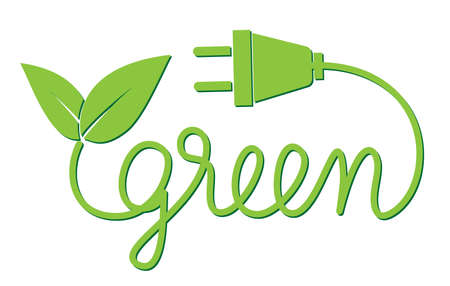 green sustainable energy symbol, handwritten word GREEN with leaves and electric plug, vector...