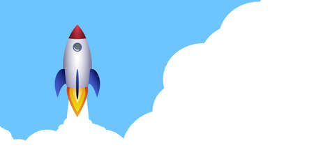 launching space rocket against blue sky with copy space in clouds, vector illustration