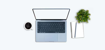 top down view of modern laptop on white table with succulent plant and notepad