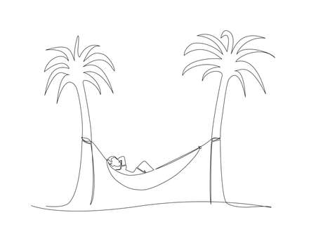 continuous single line drawing of person relaxing in hammock between palm trees, line art vector illustrationのイラスト素材