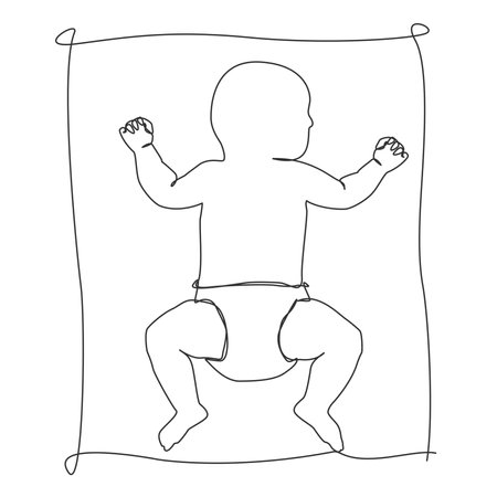 single line drawing of baby in diaper sleeping on its back, line art vector illustrationのイラスト素材