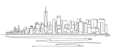 single line drawing of New York City skyline, Manhattan seen from water line art vector illustrationのイラスト素材