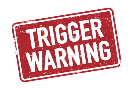 grungy red TRIGGER WARNING stamp or sign isolated on white, vector illustrationのイラスト素材