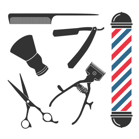 barber shop icon set with scissors, razor, comb, manual clipper and shaving brush, vector illustrationのイラスト素材