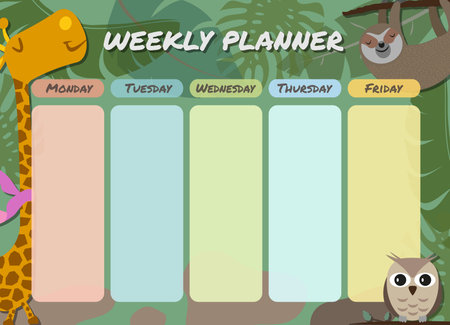 colorful weekly planner school schedule template for children with giraffe, owl and sloth, vector illustrationのイラスト素材