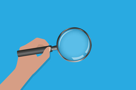 hand holding magnifying glass against blue background, research and examination concept vector illustrationのイラスト素材