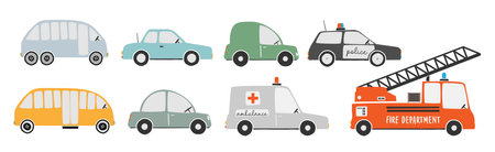 collection of motorized vehicles, scandinavian style vector illustration for childrenのイラスト素材