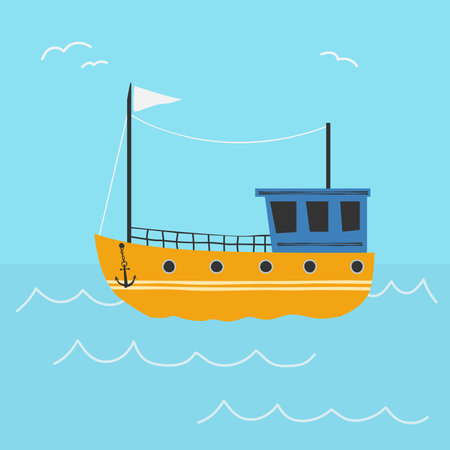 scandinavian style illustration of fishing vessel on blue sea, scandi vector drawing for childrenのイラスト素材
