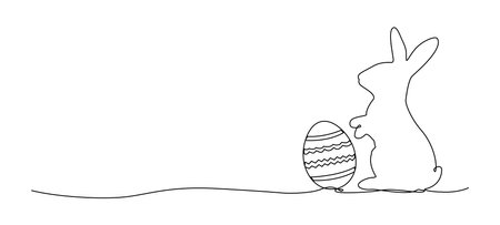 continuous single line drawing of easter bunny with decorated egg, line art vector illustrationのイラスト素材