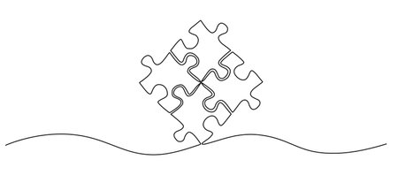 continuous single line drawing of four puzzle pieces fitting together, line art vector illustrationのイラスト素材