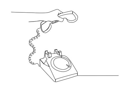 continuous single line drawing of hand picking up receiver of rotary dial telephone, line art vector illustrationのイラスト素材