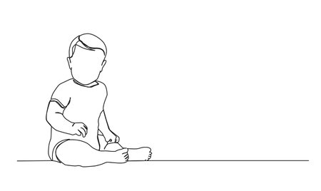 continuous single line drawing of toddler in onesie sitting on floor, line art vector illustrationのイラスト素材
