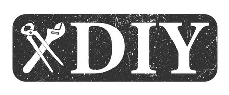 grungy scratched DIY do it yourself label or logo with adjustable wrench and pliers, vector illustrationのイラスト素材