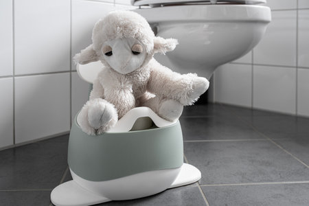 stuffed animal on baby potty in bathroom, potty training conceptの写真素材