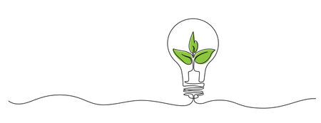 continuous single line drawing of green plant in light bulb, green energy concept line art vector...