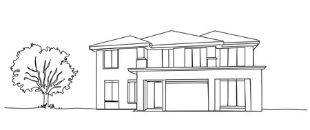 continuous single line drawing of luxurious single family home, line art vector illustrationのイラスト素材