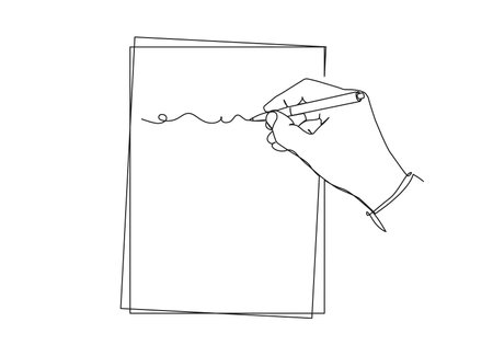 continuous single line drawing of hand writing with pen on sheet of paper, line art vector illustrationのイラスト素材
