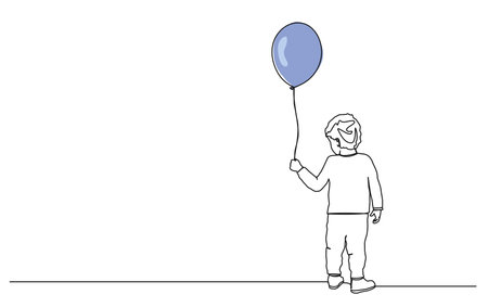 continuous single line drawing of toddler holding a balloon, line art vector illustrationのイラスト素材