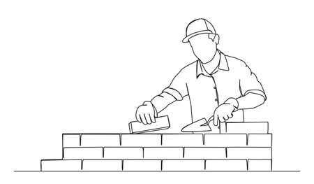 continuous single line drawing of mason building wall, bricklaying line art vector illustrationのイラスト素材