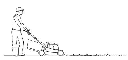 continuous single line drawing of man mowing lawn, line art vector illustrationのイラスト素材