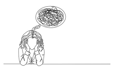continuous single line drawing of stressed and confused woman with head in hands, line art vector illustrationのイラスト素材