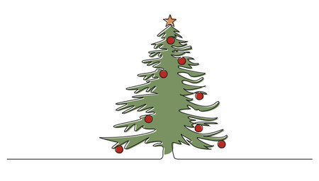 colorized continuous single line drawing of christmas tree, line art vector illustrationのイラスト素材
