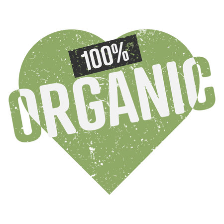 scratched grungy 100 PERCENT ORGANIC label or sign with heart shape, vector illustrationのイラスト素材