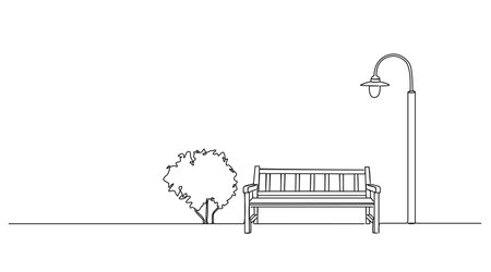 continuous single line drawing of bench and lantern in public park, line art vector illustrationのイラスト素材