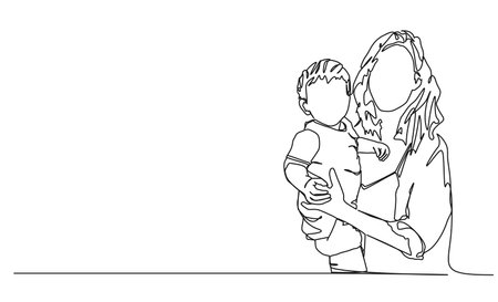 continuous single line drawing of mother holding toddler on arm, line art vector illustrationのイラスト素材
