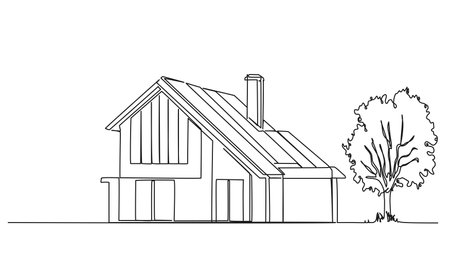 continuous single line drawing of modern single family home, residential house line art vector illustrationのイラスト素材