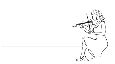 continuous single line drawing of woman playing violin, line art vector illustrationのイラスト素材