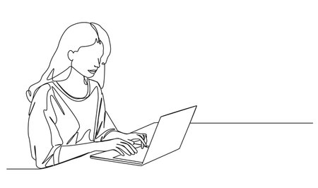 continuous single line drawing of woman with laptop computer, line art vector illustrationのイラスト素材