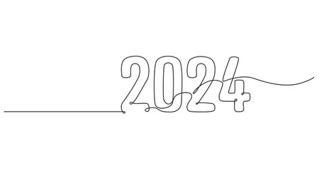 continuous single line drawing of year 2024, new year line art vector illustration