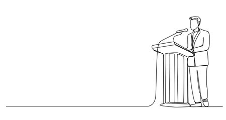 continuous single line drawing of speaker at lectern, line art vector illustrationのイラスト素材