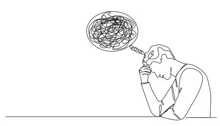 continuous single line drawing of worried or confused man with one hand at forehead, line art vector illustrationのイラスト素材