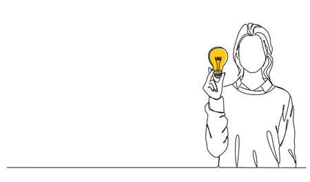 continuous single line drawing of young woman holding glowing light bulb in raised hand, line art vector illustrationのイラスト素材