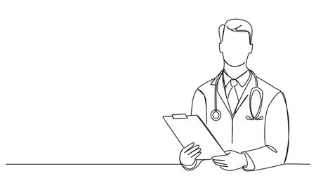continuous single line drawing of physician with stethoscope and clipboard, line art vector illustrationのイラスト素材