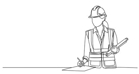 continuous single line drawing of civil engineer or architect with constructions plans, line art vector illustrationのイラスト素材