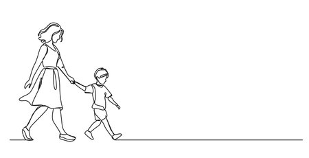 continuous single line drawing of young boy walking by the hand of his mother, line art vector illustrationのイラスト素材