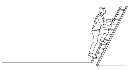 continuous single line drawing of man climbing up a ladder, line art vector illustrationのイラスト素材