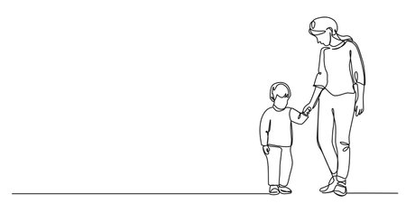 continuous single line drawing of mother and toddler boy holding hands, line art vector illustrationのイラスト素材