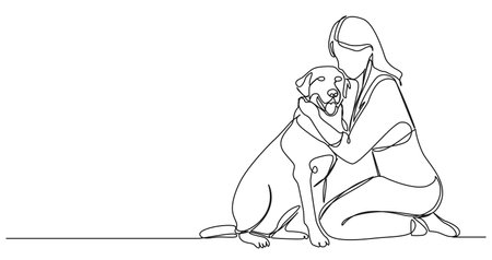 continuous single line drawing of woman kneeling on floor hugging her dog, line art vector illustrationのイラスト素材