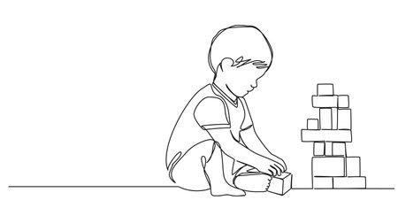 continuous single line drawing of toddler playing with toy blocks, line art vector illustrationのイラスト素材